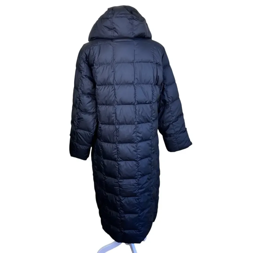 Land's End Sz M Quilted Down Full-length Jacket Black Puffer Winter Coat Hooded - Picture 7 of 16